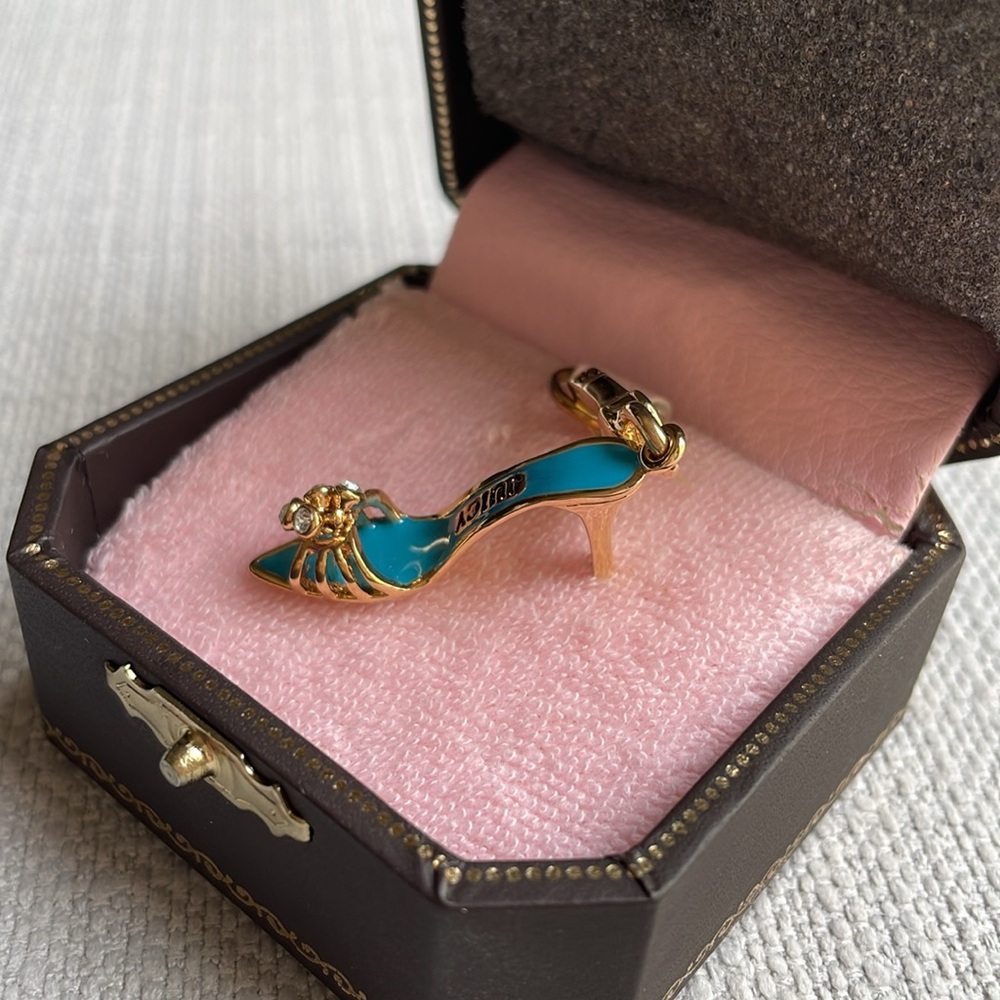 Juicy Couture gold high heel Shoe Charm In Gold And Blue Enamel